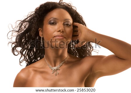 Head and shoulders shot of beautiful middle aged woman with long hair