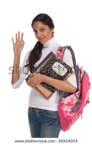 education series - Friendly ethnic Indian female high school student with backpack and composition book welcoming and gesturing, greeting