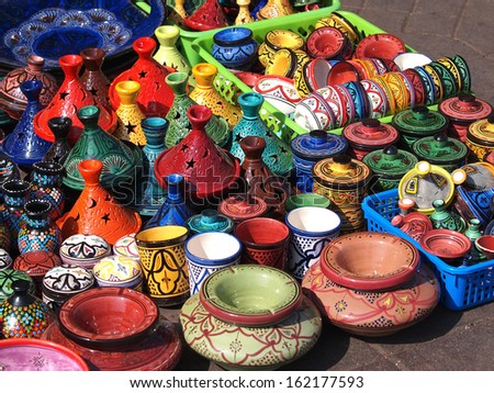 tajines and pots  made of clay on market in Marocco