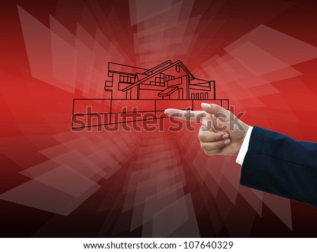 Business hand selecting business icon on modern red abstract background.
