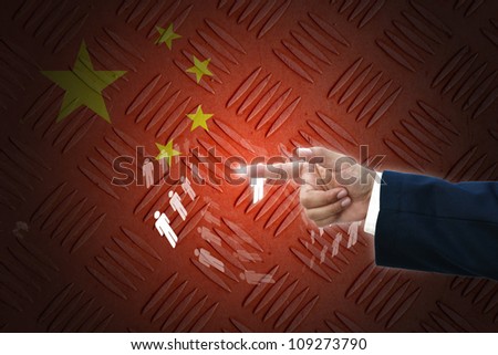 business hand selecting business icon on old China flag background.