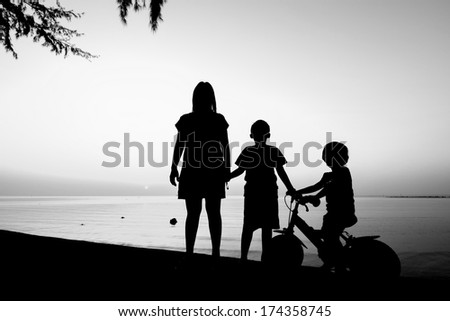 Silhouette of family on the beach at dusk.