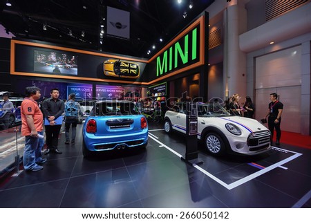 Nonthaburi,Thailand - March 24th, 2015: Mini booth with Mini hatch 3-door ,showed in Thailand the 36th Bangkok International Motor Show on 24 March 2015