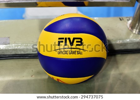 Bangkok, Thailand - July 3-5 ,2015 : Mikasa official ball on the floor in The 23rd edition of the FIVB Volleyball World Grand Prix at Hua Mak Sport Complex.