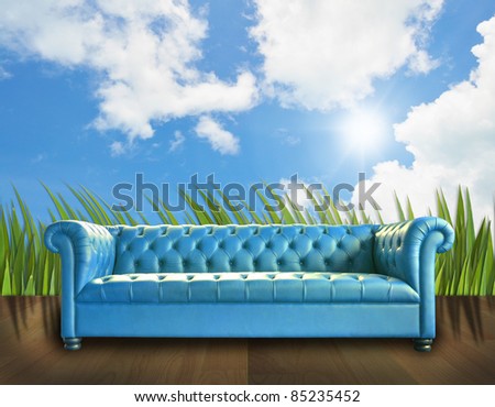 single vintage style sofa on nature background.