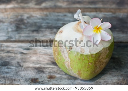 Young coconut palm with white flower on wood floor.