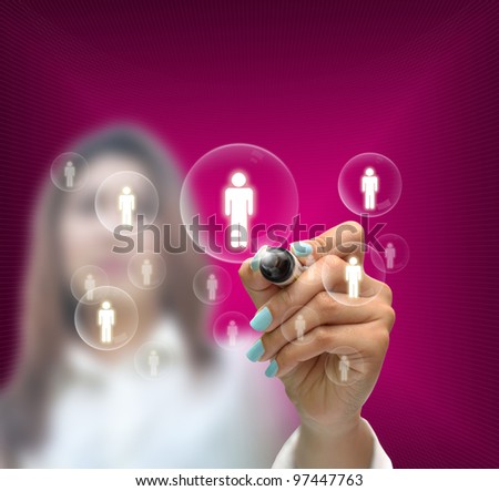 business selection concept by business woman writing business object on gradient purple background.