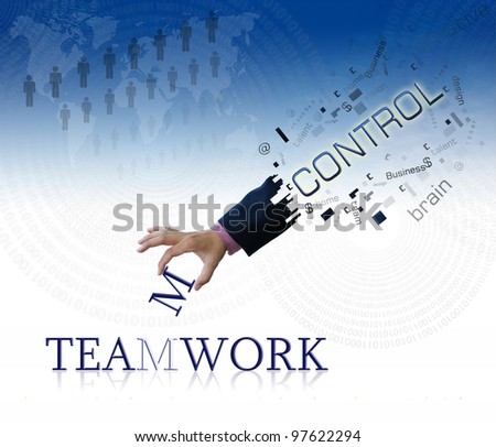 art work of business hand with wording on blue sky background.