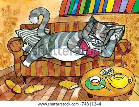 cat. book. reads. lying on the sofa. intelligent. smart