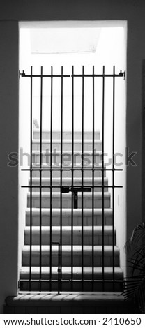 Gated stairway to unknown light; black and white