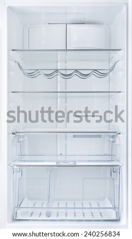 Interior of an open empty white fridge
