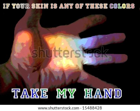 rainbow colored hand extended in a peaceful gesture of the unity of man.
