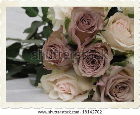 early-color  photograph of a brides bouquet with a variety of roses