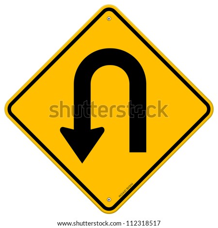 U-Turn Roadsign - Yellow road sign with turn symbol isolated on white background