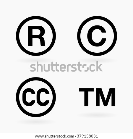 Set of four intellectual property and public domain black icon symbols with shadows over white