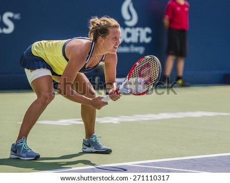 MONTREAL - AUGUST 5: Barbora Zahlavova Strycova of Czech Republic in her Second round match loss to Agnieszka Radwanska of Poland at the 2014 Rogers Cup on August 5, 2014 in Montreal, Canada