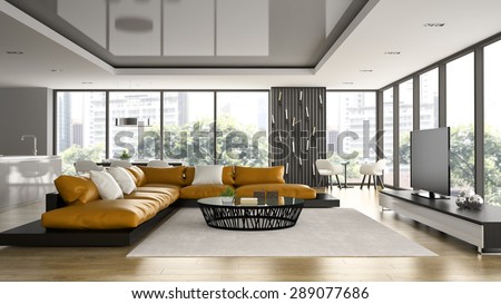 Interior of modern design loft with orange sofa 3D rendering