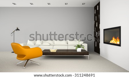 Interior of modern room with fireplace 3D rendering