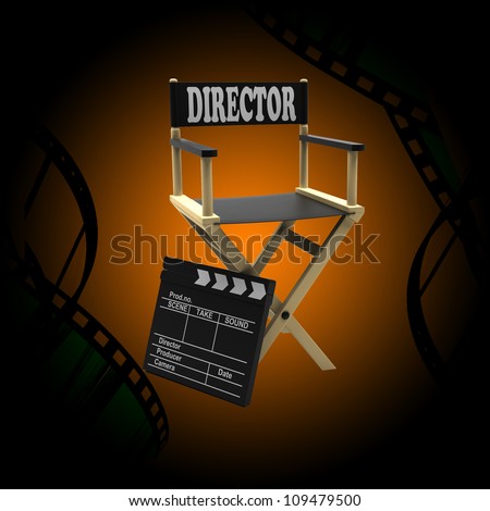 Film industry: directors chair and movie clapper on an abstract background