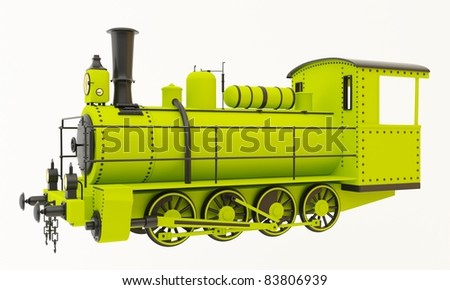 Green old steam train isolated on white background