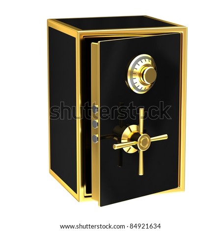 Black safe with gold elements on a white background.