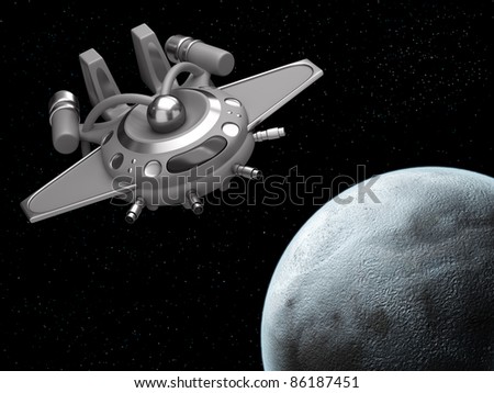 Model of spaceship against the background of the planet
