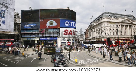 LONDON - AUG 2: View of Piccadilly Circus, road junction, built in 1819, famous tourist attraction, links to West End, Regent Street, Hay Market, Leicester Square, on Aug 2, 2010 in London, UK.