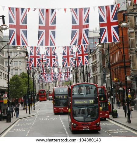 LONDON - MAY 5: Oxford Street in London, decorated with union jack flags to celebrate the Queen\'s diamond Jubilee on May 5, 2012 in London. The main celebrations held from June 2 to June 5