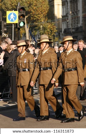 LONDON - NOV 13 : People, Gurkha, take part in Remembrance Day, Poppy Day or Armistice Day, 11th every Nov, to remember armed forces have died since I World War, Parade on Nov 13, 2011, London, UK.
