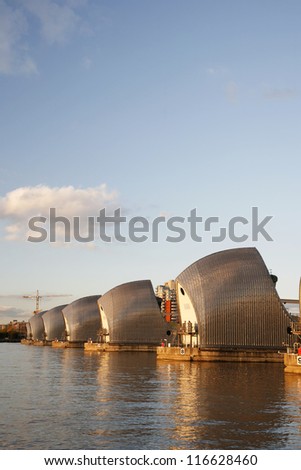 LONDON - OCT 6 : Thames Barrier, tidal protector, commissioned by the Greater London Council, was complete by 1982, the world\'s second largest movable flood barrier, on Oct 6, 2012 in London, UK.