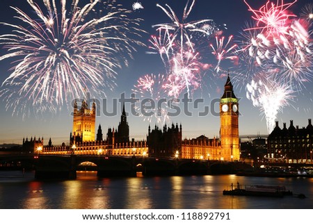 Fireworks over Palace of Westminster seen from South Bank