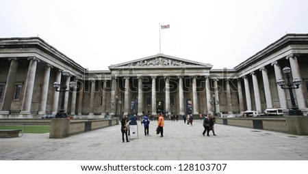 LONDON - FEB 7: Outside view of British Museum on February 7, 2013 in London, UK. Museum\'s Collections comprise 8 million items, dedicated to human history and culture, from all continents.