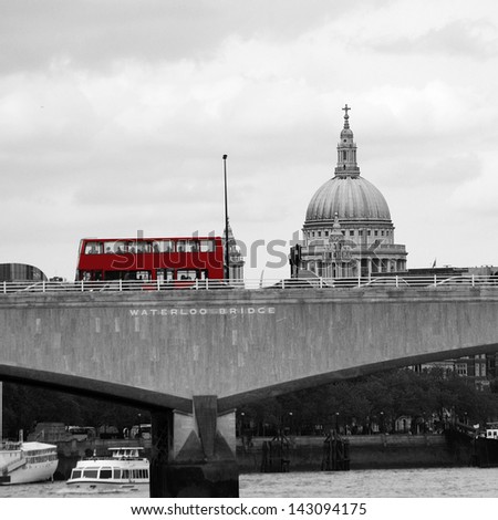 London skyline, include Waterloo Bridge, Red Double Decker Bus, seen from Victoria Embankment