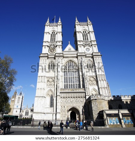 LONDON - APRIL 29 : View of The London Westminster Abbey, The Great West Door and towers, seen from Tothill Street, on April 29, 2015 in London.
