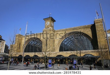 LONDON - FEB 16: outside view of King\'s Cross train station, opened 1852, also called London St Pancras International railway station, home of the Eurostar on Feb 16, 2014, London, UK.