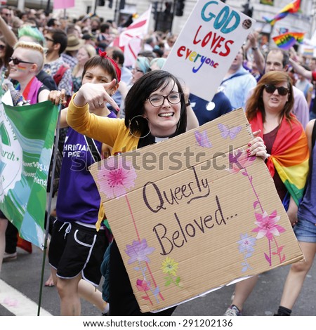 LONDON - JUNE 27: People take part in London\'s Gay Pride, 2015 Worldpride on June 27, 2015 in London, UK, estimated 25,000 people took part in the march, Parade to support gay rights.