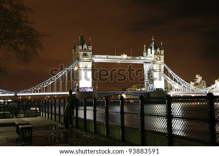 Tower Bridge, in Tower Hamlet,  part of London, at dusk
