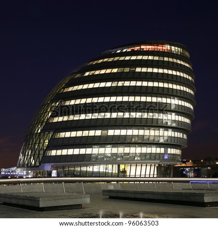 LONDON - JAN 05: London City Hall, headquarter of London Authority, on Jan 5 2012 in London UK. This energy efficient building, designed by Norman Foster, has solar panels installed on the roof.
