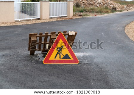 Image, Stock Photo Road sign pending reconstruction of a road bridge