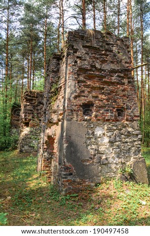 remnants of old and destroyed gunpowder magazines dated before World War I lying in forest