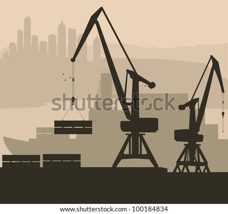 Harbor port crane with ship vector background