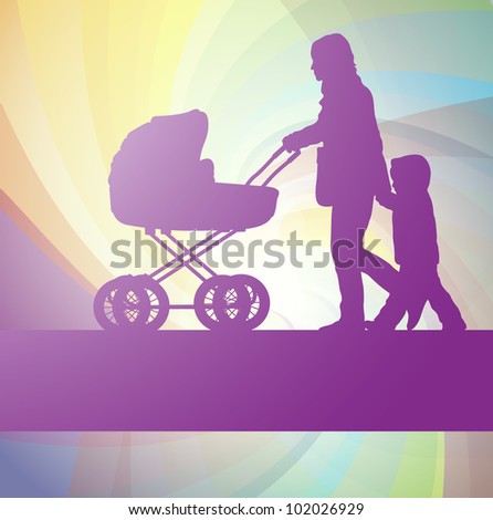 Mother with baby carriage and kid vector background