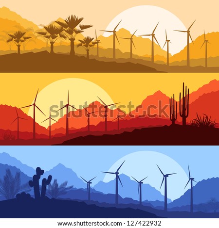 Wind electricity generators, windmills in desert palm tree and cactus plants mountain landscape ecology illustration background vector