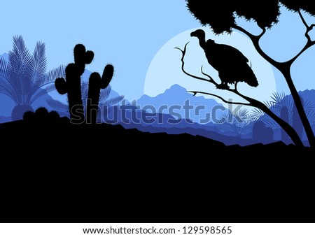 Desert wild nature landscape with cactus, palm tree plants and vulture bird in illustration background vector