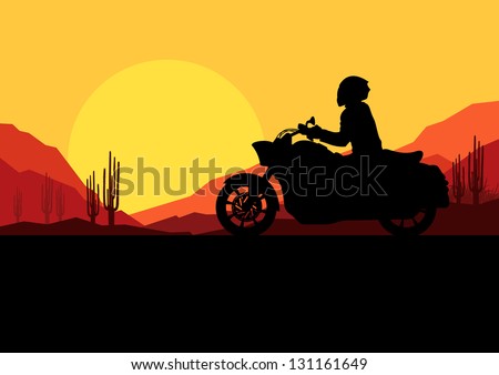 Old vintage motorbike rider motorcycle silhouette in wild desert mountain landscape background illustration vector