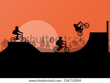 Extreme cyclist silhouettes on ramp vector background
