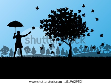 Maple tree autumn leaves and girl with umbrella background vector landscape concept