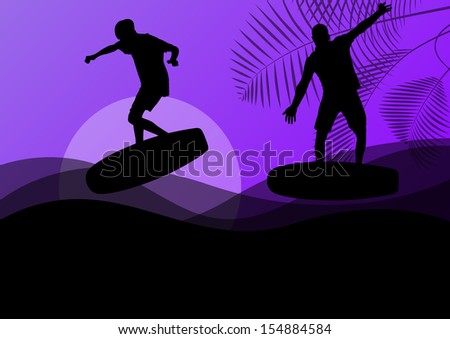 Surfing men active sport silhouettes in ocean water background illustration vector