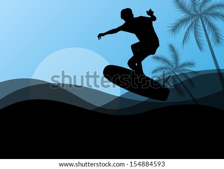 Surfing man active sport silhouette in ocean water background illustration vector