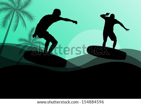 Surfing men active sport silhouettes in ocean water background illustration vector